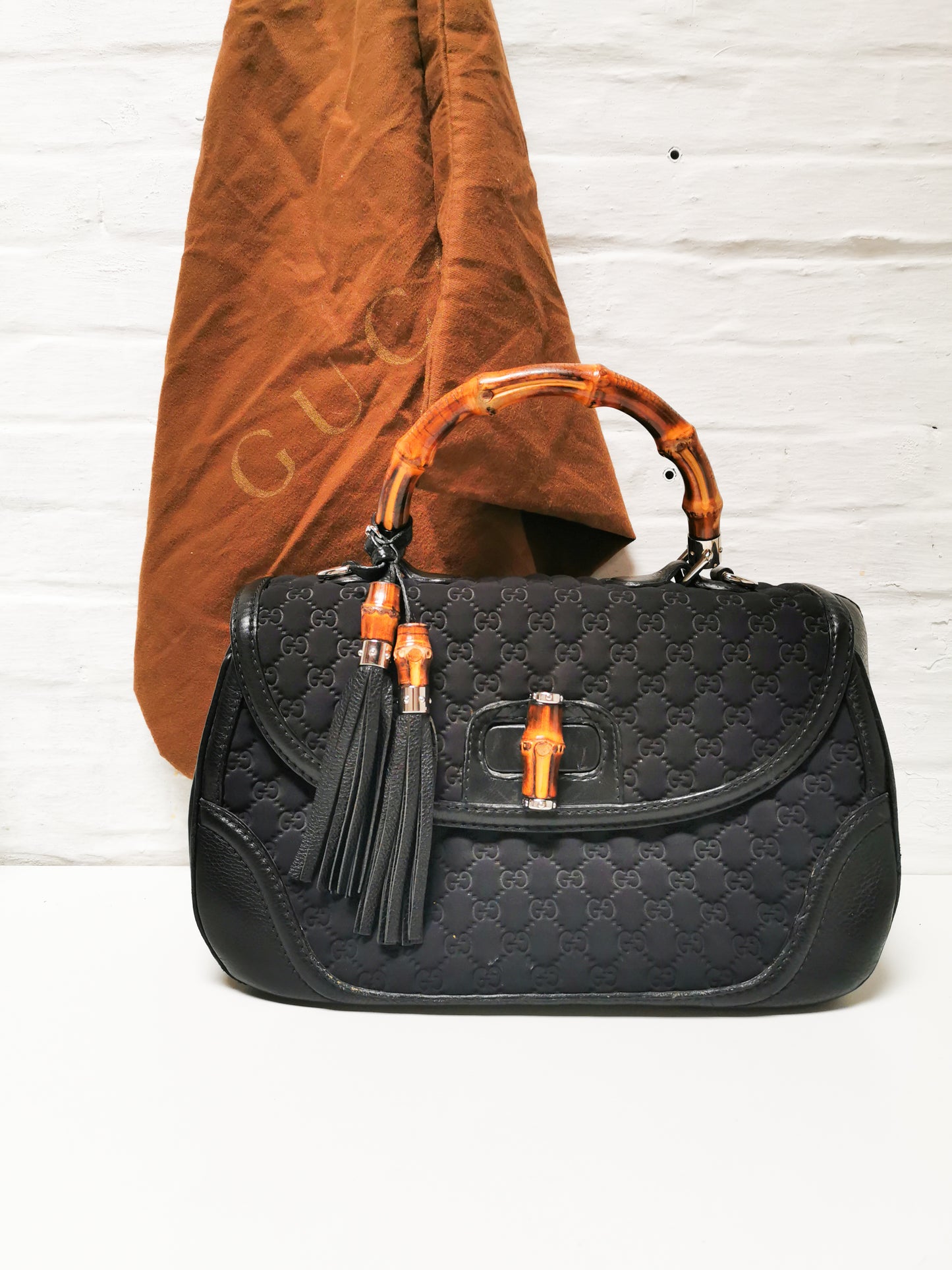 Gucci black GG neoprene Bamboo Bag